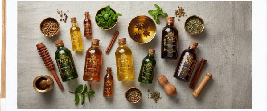 Ayurvedic medicinal oils and tools. Various sized bottles of herbal oils, bronze bowls, fresh herbs, massage ,Ayurveda body massage near me in shahdara