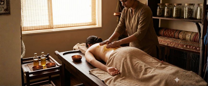 Traditional Abhyanga full body Ayurvedic massage at Spa Hibiscus Shahdara