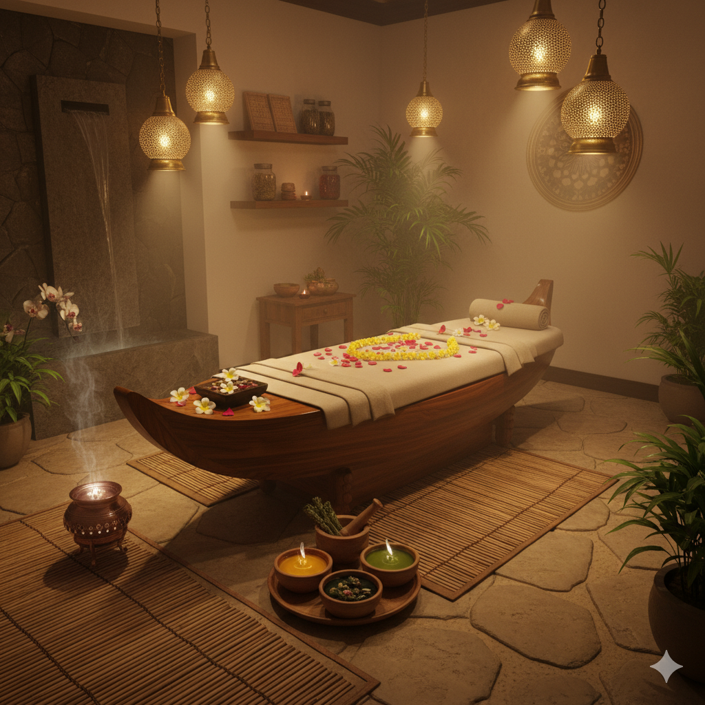 Authentic Ayurvedic treatment room at Spa Hibiscus, a leading Ayurveda spa center in Vasant Vihar, Delhi