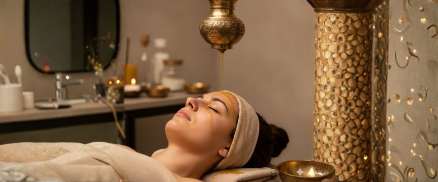 Shirodhara stress relief treatment at Ayurvedic centre in Shahdara