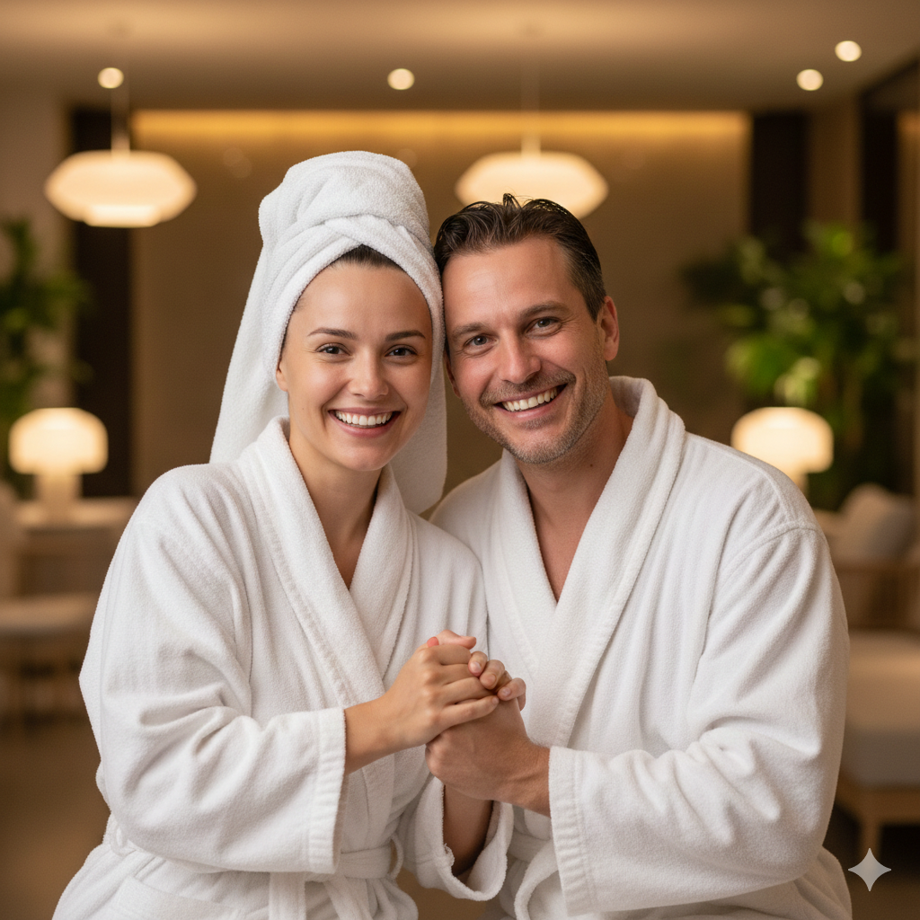 Happy couple smiling after their spa experience at Spa Hibiscus India, Zirakpur