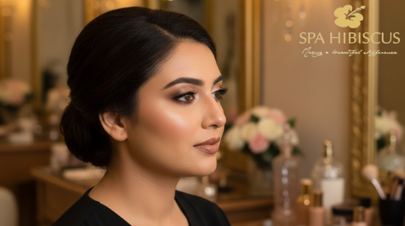 Bridal makeup at Spahibiscus Salon in Mayur Vihar Phase I with dewy glow, sharp eyes, and picture-perfect finishing.