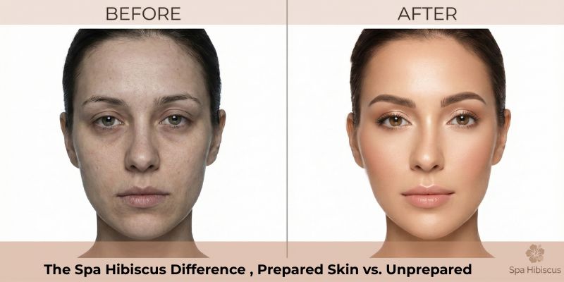 Before and after comparison showing difference between makeup on prepared vs unprepared skin