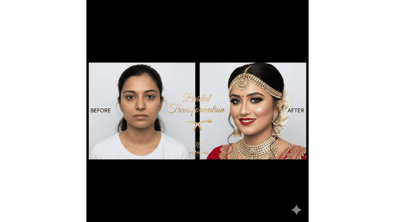 Stunning bridal makeup before and after transformation at Zirakpur salon