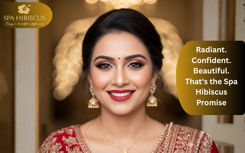 Beautiful bride with perfect makeup smiling happily after service at Spa Hibiscus