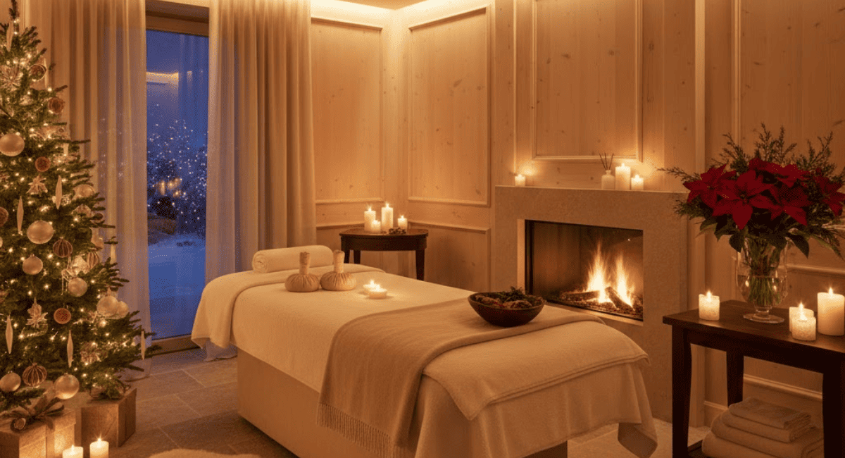 Warm, festively decorated luxury spa treatment room at Spa Hibiscus Chandigarh during Christmas season