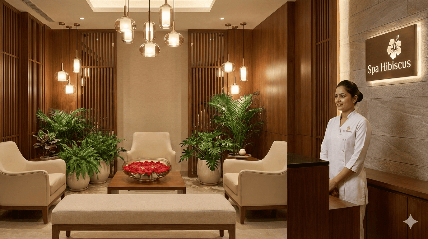 Luxurious spa reception and interior at Spa Hibiscus Chandigarh - 5-star hotel wellness environment