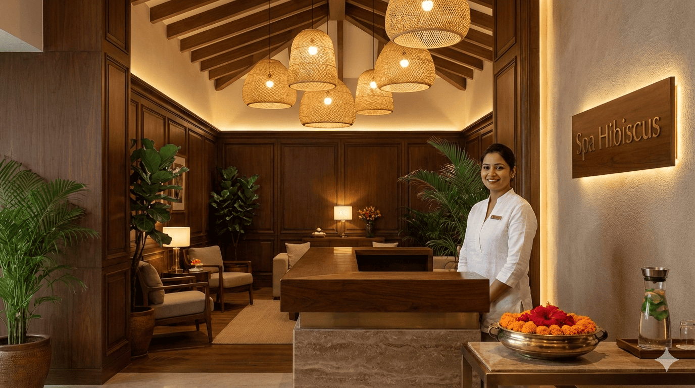 Luxury Wellness Spa Interior at Spa Hibiscus Chandigarh - Best Spa Reception Lounge with Therapist